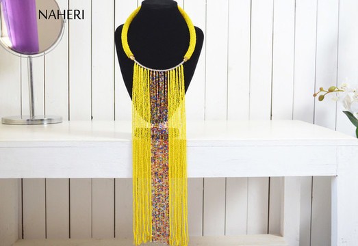 Collier de perles africaines | Col à franges jaune | Cadeau pour elle