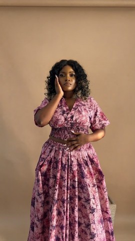 Mauve and Burgundy Tie-Dye Crop Top and Pleated Midi Skirt Set