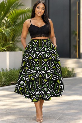 AFRICAN TRIBAL MUDCLOTH Women's Midi Skirt With Pockets | Mudcloth Print Midi Skirt | Bynelo
