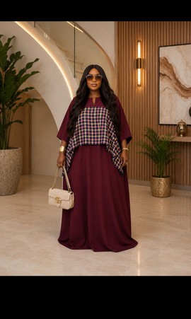 Burgundy Kaftan Maxi Dress with Plaid Overlay Cape – Women's Oversized Flowy Occasion Dress