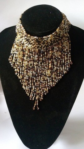 African choker necklace, Beaded fringe necklace, Gold and black necklace