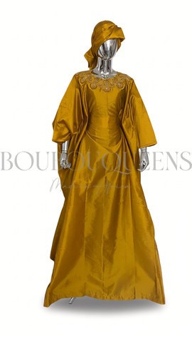 African Boubou Soundiata Gold Dress — One Size with Scarf