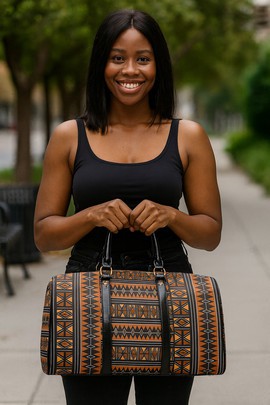 African Travel Bag Leather Geometric Afro Print