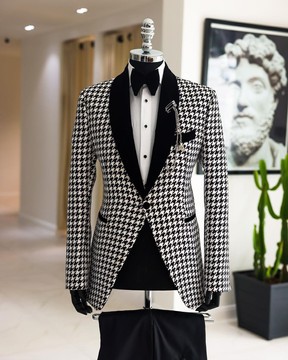 A white &amp; black houndstooth, velvet shawl lapel tuxedo suit
