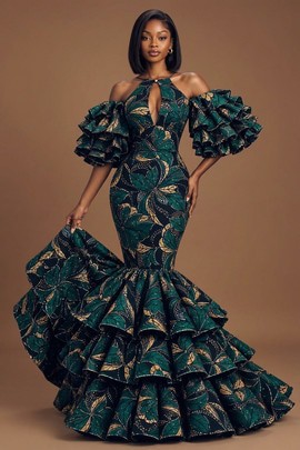 Robe sirène Ankara à plusieurs niveaux, dos nu avec ouverture goutte d’eau, nouée au cou