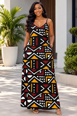 Robe longue élégante à col en V avec poches pour femme, en bogolan africain tribal