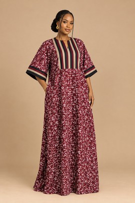 Women’s Burgundy Floral African Kaftan Dress with Striped Panel – Elegant Wide Sleeve Maxi Bubu Gown