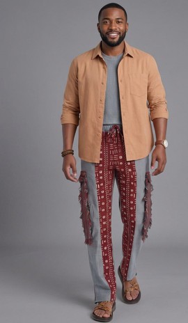 Pantalon pour homme bordeaux à imprimé bogolan avec franges