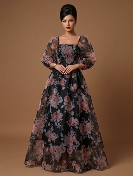 Robe longue en organza à encolure carrée et manches bouffantes