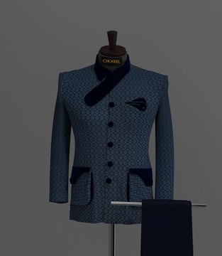 FLOWER TEXTURED BLUE JACQUARD MODERN SAFARI SUIT..........BEST SELLER