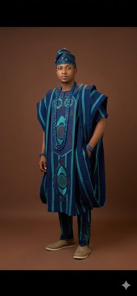 Deep Blue and Teal Aso Oke Agbada Ensemble