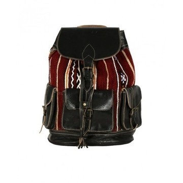BIG SALE! Genuine Leather Backpack with Red Kilim Handmade by Cuiroma Craftsmen in Morocco
