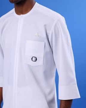 A White, mid-slit zip line with metal buckle 3/4 sleeve African kaftan