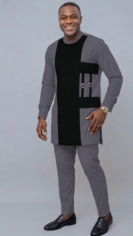 Men's Long-Sleeve Color-Block Tunic with Buckle Detail - Charcoal &amp; Black