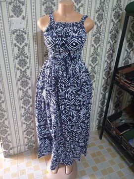 Navy Blue African Print Midi Dress – Tribal Pattern Elastic Waist Cotton Summer Dress