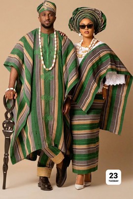 Ensemble Agbada Aso Oke pour lui et elle – Rayures vert forêt émeraude