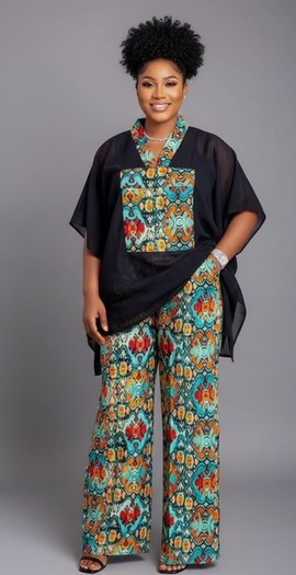 Black Sheer Overlay Two-Piece Set with Multicolor Print Wide-Leg Pants