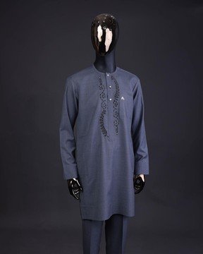 A Light grey, patterned floral embroidery details with black Swarovski stone kaftan &amp; sokoto