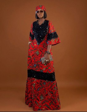 Women's Ankara Bubu Gown - Red Floral with Sequin Trim