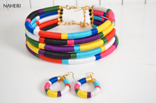 African inspired layered necklace bracelet and earrings set | Handmade designer jewelry