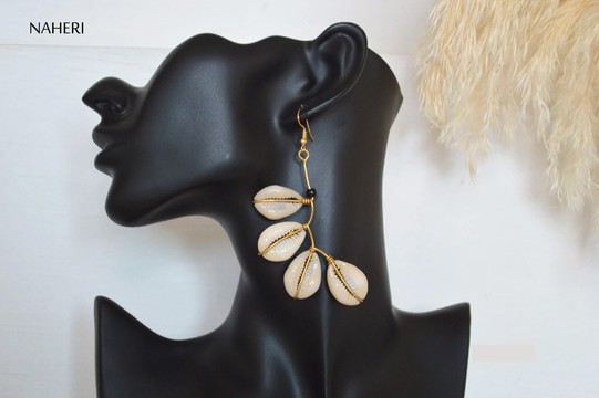 African cowrie shell and brass earrings