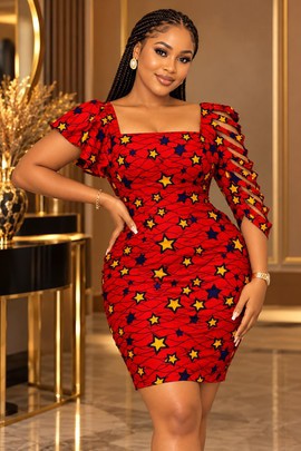 Robe moulante rouge à imprimé étoilé Ankara, avec manches ajourées remarquables | Robe de soirée africaine élégante