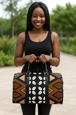 African Duffel Leather Bag for Travel Cowrie Mudcloth Print