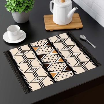 (TWO PIECES) Tabletop Placemat Traditional African Mudcloth Beige (MORE SIZES AVAILABLE)