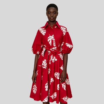 Red African Ankara Print Midi Dress | 3/4 Puff Sleeve Cotton Dress