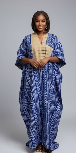 Elegant Blue Leaf Print Kaftan Dress