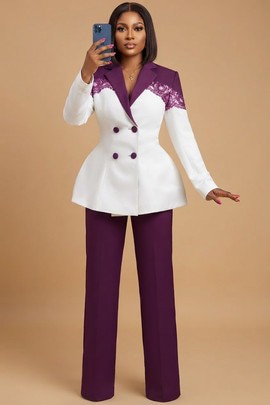 White and Purple Lace-Accented Double-Breasted Peplum Pant Suit