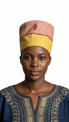 Tall Aso oke Kufi - Pink and Yellow Tribal African Headpiece