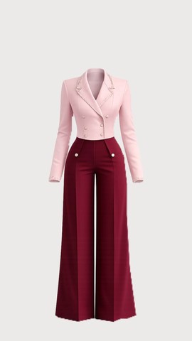 Women's Pink Cropped Double-Breasted Blazer and Burgundy Wide-Leg Trouser Set