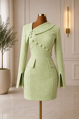 Mini-robe en tweed vert clair pour femme – Col asymétrique, détail de boutons, coupe moulante
