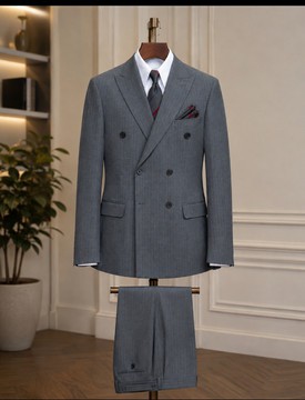 Ensemble de costume deux pièces formel pour homme en mélange de laine gris, croisé, avec blazer et pantalon à chevrons