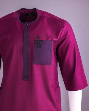 A ruby red, front flap with black Swarovski crystal button, 3/4 sleeve African senator kaftan native