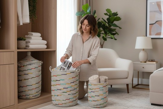 Panier de Rangement Artisanal à Couvercle – Graphique Rose Poudré &amp; Crème