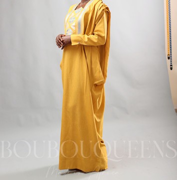 African Boubou Dress for Women "Keinya" Yellow in Glazed Linen — With Scarf