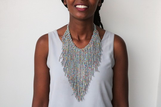 African beaded necklace, Choker necklace, Beaded fringe necklace, Orange necklace