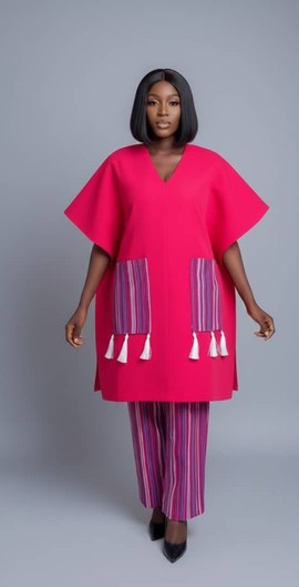 Vibrant Fuchsia Kaftan with Striped Palazzo Pants