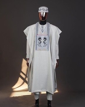 A Pearl river grey, house of dragon embroidery details agbada, long sleeve kaftan, hat &amp; sokoto.