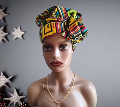 Nightcap and turban set in wax fabric