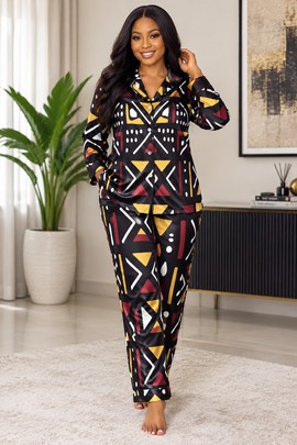 Ensemble de pyjama en satin pour femme à imprimé bogolan afrocentrique | Vêtements de nuit bogolan | Bynelo