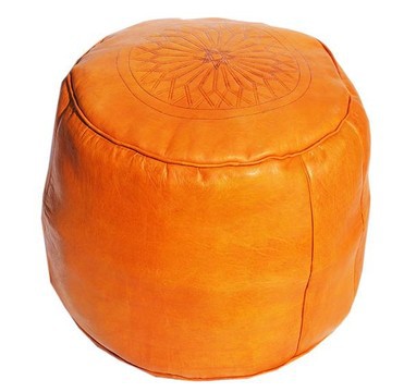 Grand pouf en vrai cuir Naturel Orange