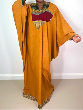 Elegant Mustard Tribal Patchwork Design Oversized Maxi Kaftan Dress