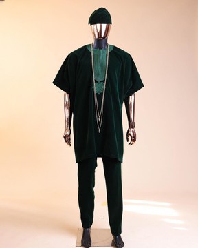 A Sacramento green daftan, sokoto &amp; Fila Yoruba African native.