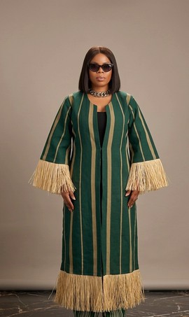 Luxury Green Anka Fringe Coat Set – African Striped Long Jacket