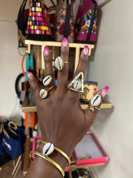Lot de 5 bagues, bague en laiton et coquillage cauri, bague africaine