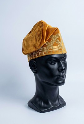 Golden orange velvet Fìlà Cap|Handcrafted Gold Embroidered Yoruba Traditional Cap for Men