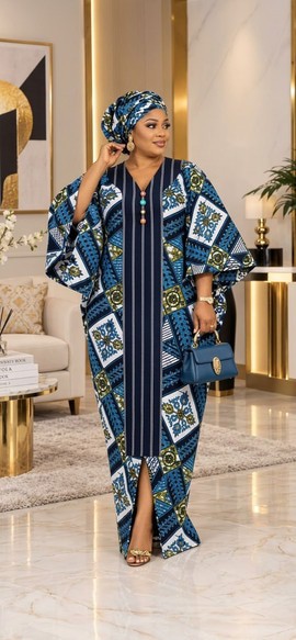 Robe maxi boubou pour femme en imprimé africain avec foulard assorti